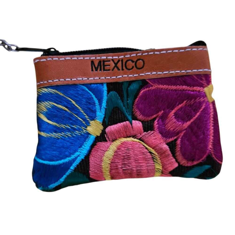 Mexican Folk Art Hand Embroidered Coin Purse Pouch Keychain Mexico Floral